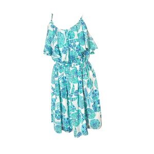 Lilly Pulitzer Boho Coquette Teal Blue Sea Urchin Ruffle Dress Womens Medium